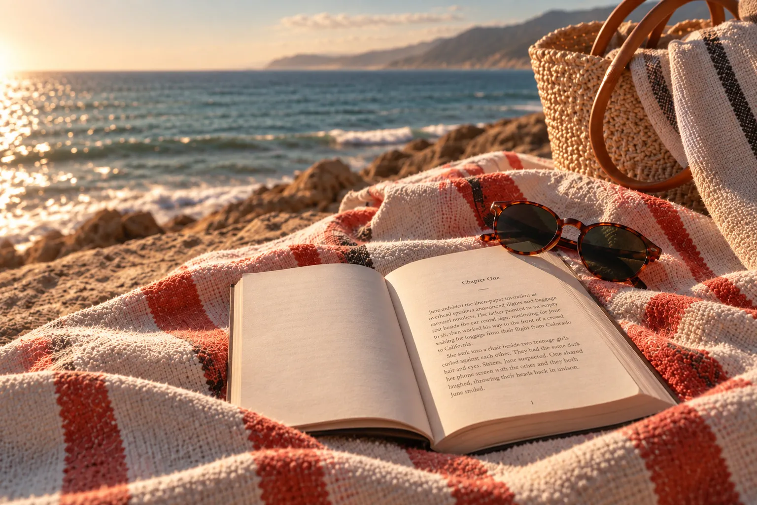 An open book and tortoiseshell sunglasses on a striped blanket beside a straw bag, with the sea and a sunlit coastline behind