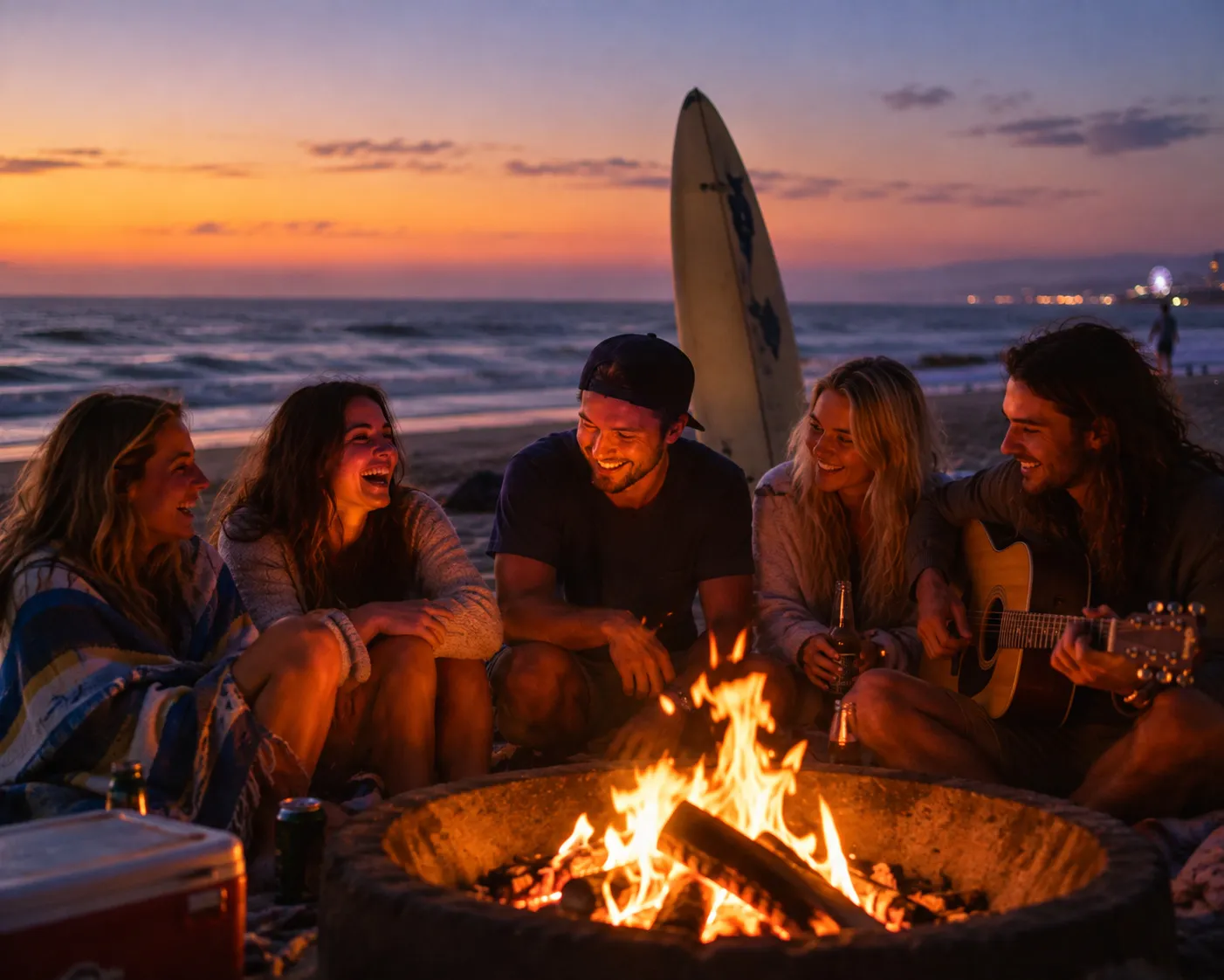 Friends laughing around a beach bonfire at dusk, a surfboard standing in the sand behind them