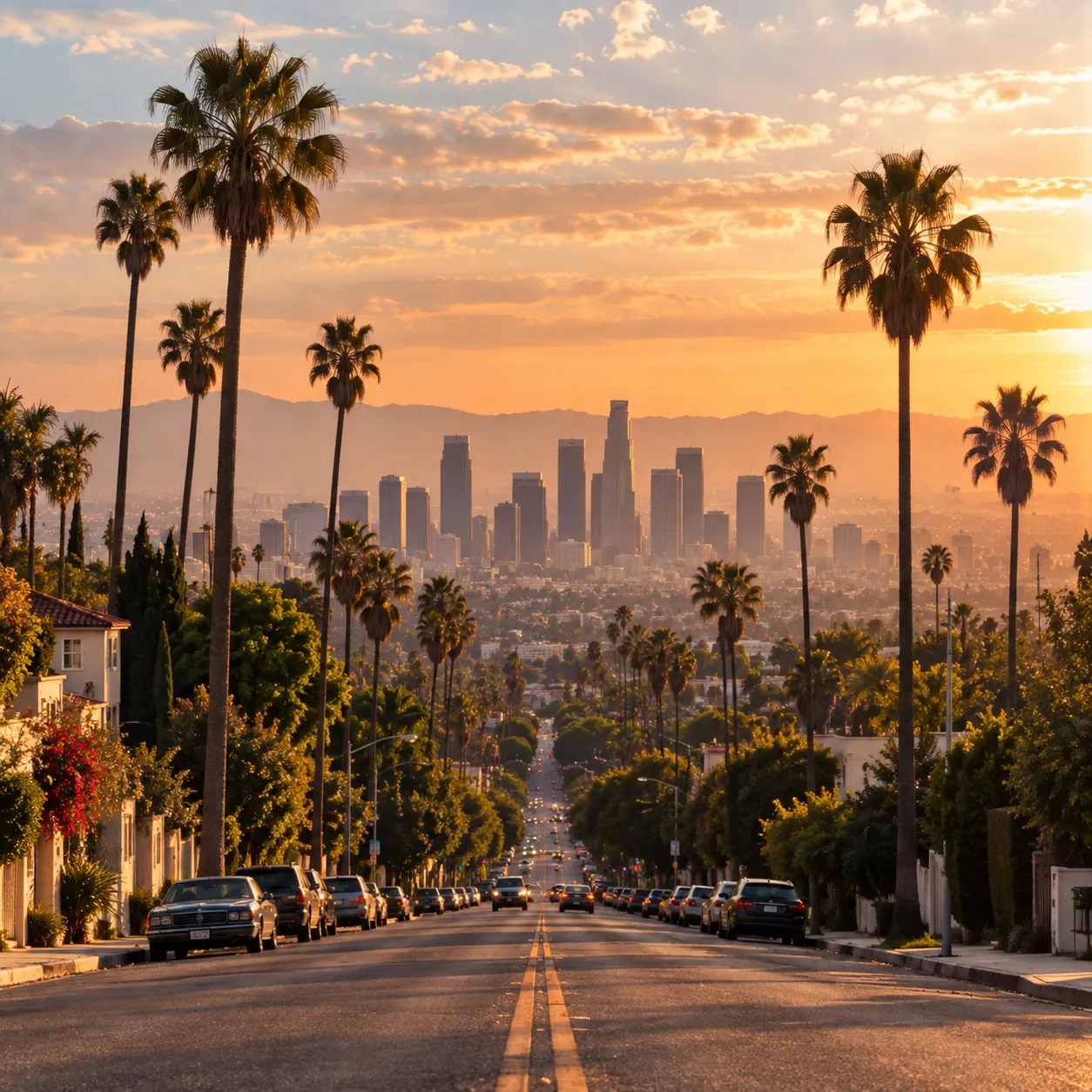 A palm-lined street descending toward the downtown Los Angeles skyline at golden hour