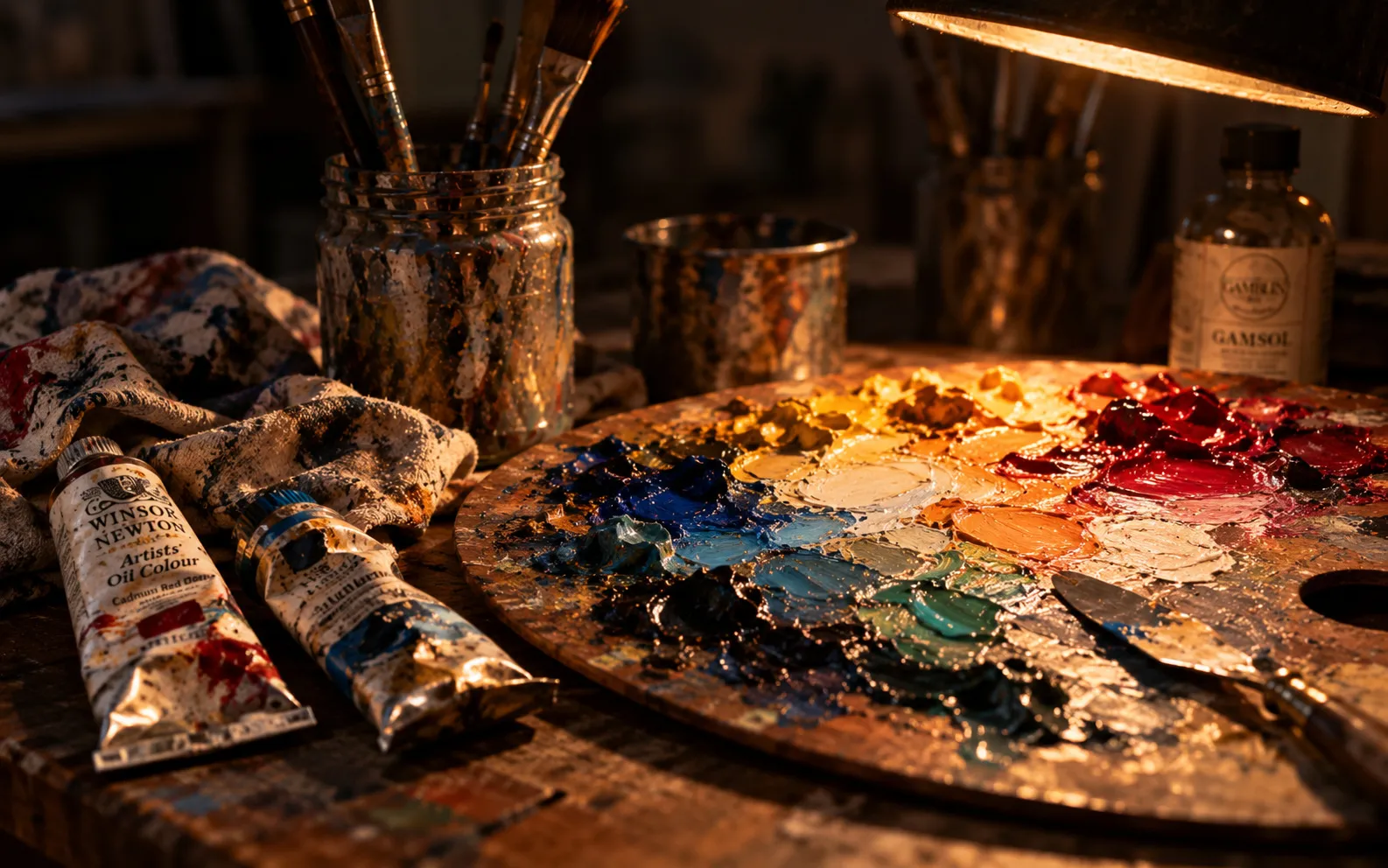 An oil-paint palette, brushes and paint tubes under a warm studio lamp