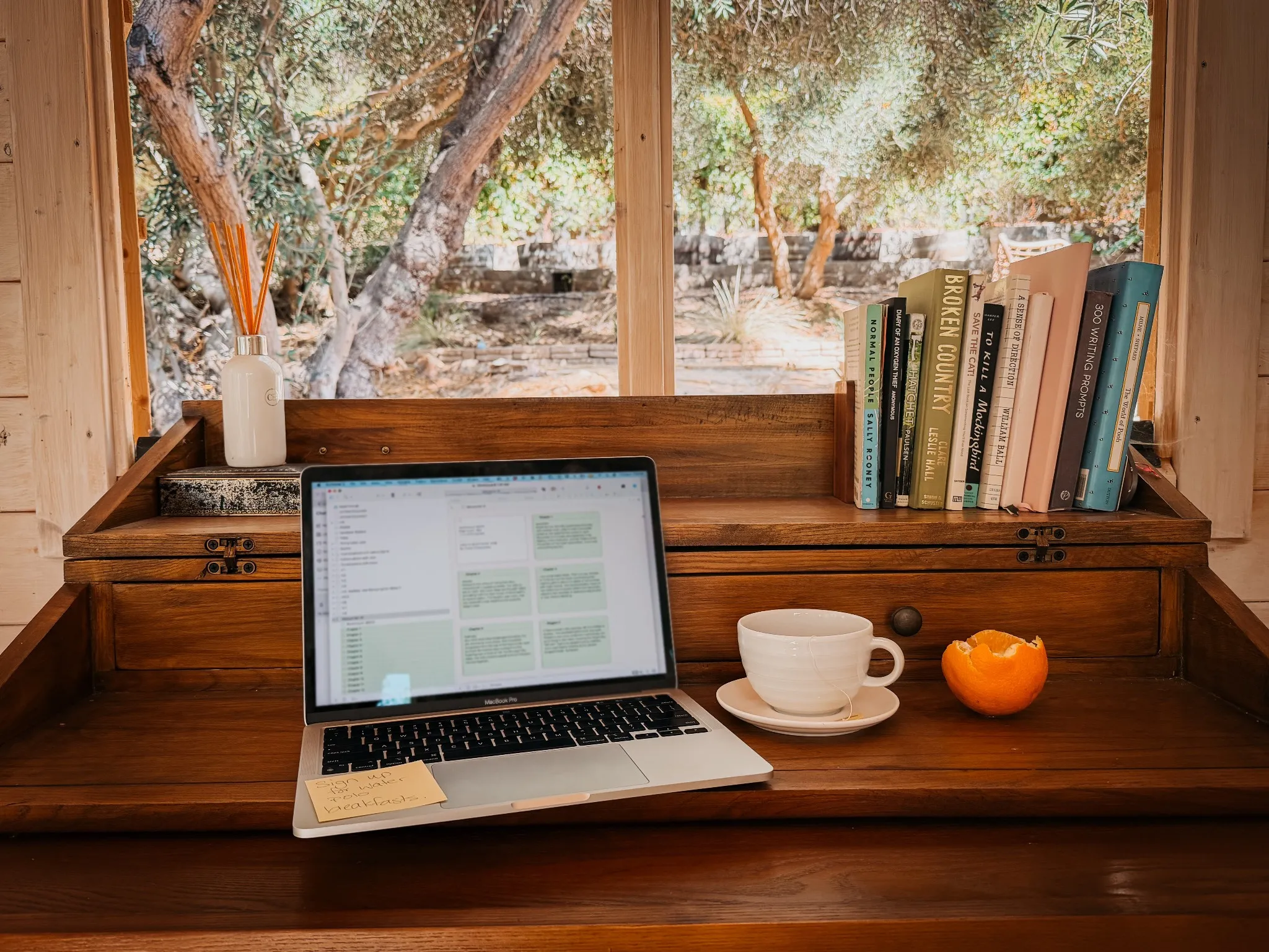 A laptop, a cup of tea and a row of books on a wooden writing desk beneath a window looking onto olive trees